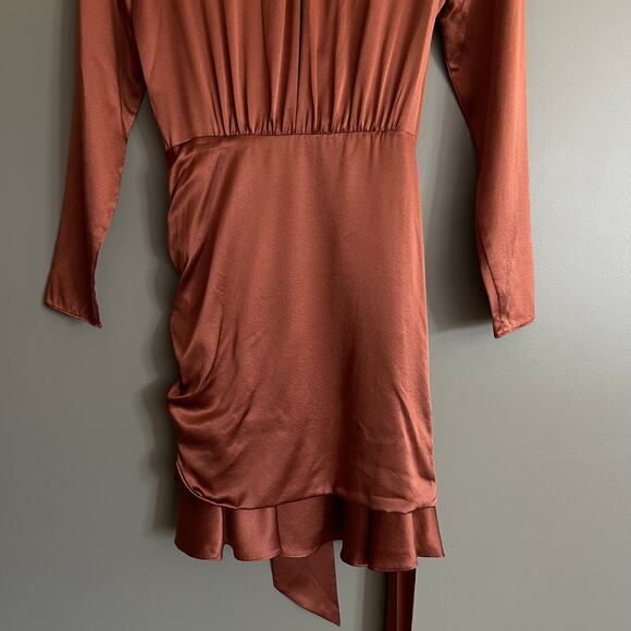 NWT Veronica Beard Agatha Wrap Dress in Cognac Size 2 Brown Silky Satin Ruched - Picture 13 of 16
